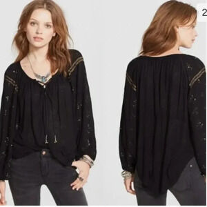 FREE PEOPLE ~ Black Lace Up Sequined Full Oversized Bohemian Peasant Top ~ M